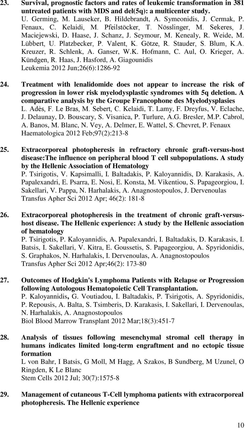 Stauder, S. Blum, K.A. Kreuzer, R. Schlenk, A. Ganser, W.K. Hofmann, C. Aul, O. Krieger, A. Kündgen, R. Haas, J. Hasford, A. Giagounidis Leukemia 2012 Jun;26(6):1286-92 24.