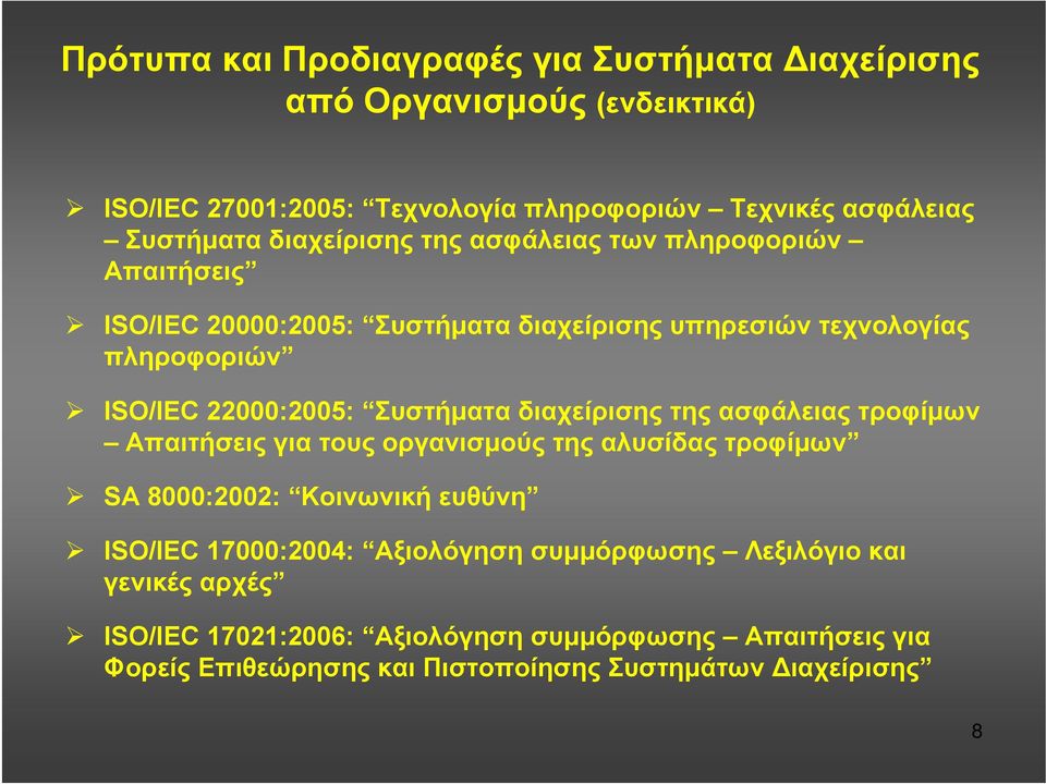 Συστήματα διαχείρισης της ασφάλειας τροφίμων Απαιτήσεις για τους οργανισμούς της αλυσίδας τροφίμων SA 8000:2002: Κοινωνική ευθύνη ISO/IEC 17000:2004: