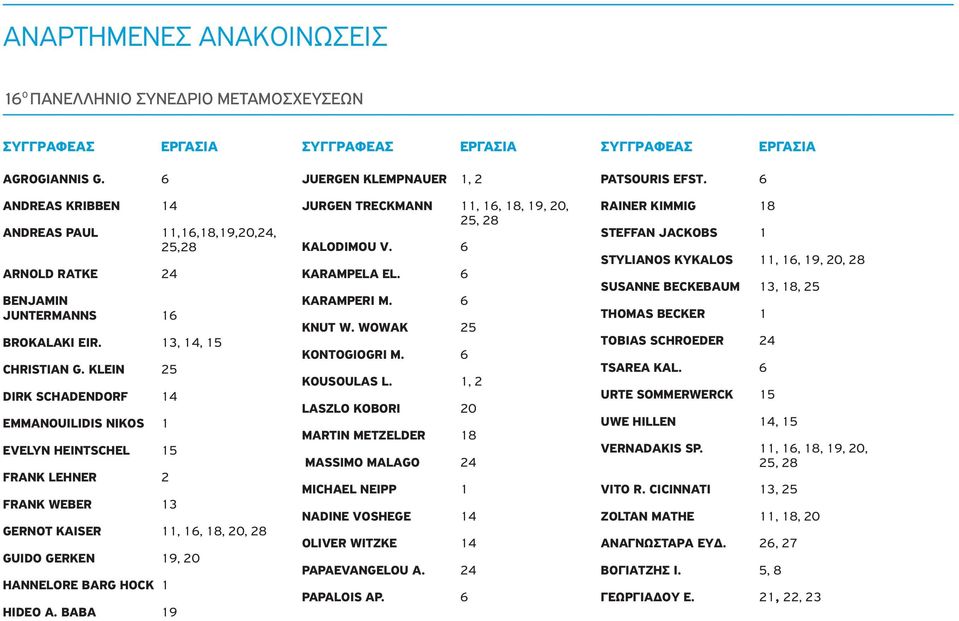 6 SUSANNE BECKEBAUM 3, 8, 25 BENJAMIN KARAMPERI M. 6 JUNTERMANNS 6 THMAS BECKER KNUT W. WWAK 25 BRKALAKI EIR. 3, 4, 5 TBIAS SCHREDER 24 KNTGIGRI M. 6 CHRISTIAN G. KLEIN 25 TSAREA KAL. 6 KUSULAS L.