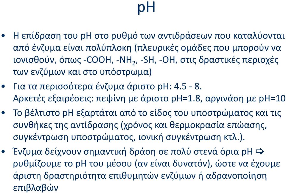 8, Η αργινάση με pη=10η Το βέλτιστο pη εξαρτάται από το είδος του υποστρώματος και τις συνθήκες της αντίδρασης (χρόνος ό και θερμοκρασία επώασης, συγκέντρωση