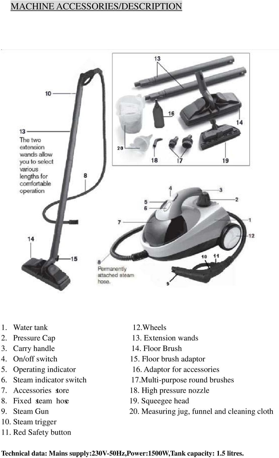 Multi-purpose round brushes 7. Accessories store 18. High pressure nozzle 8. Fixed steam hose 19. Squeegee head 9. Steam Gun 20.