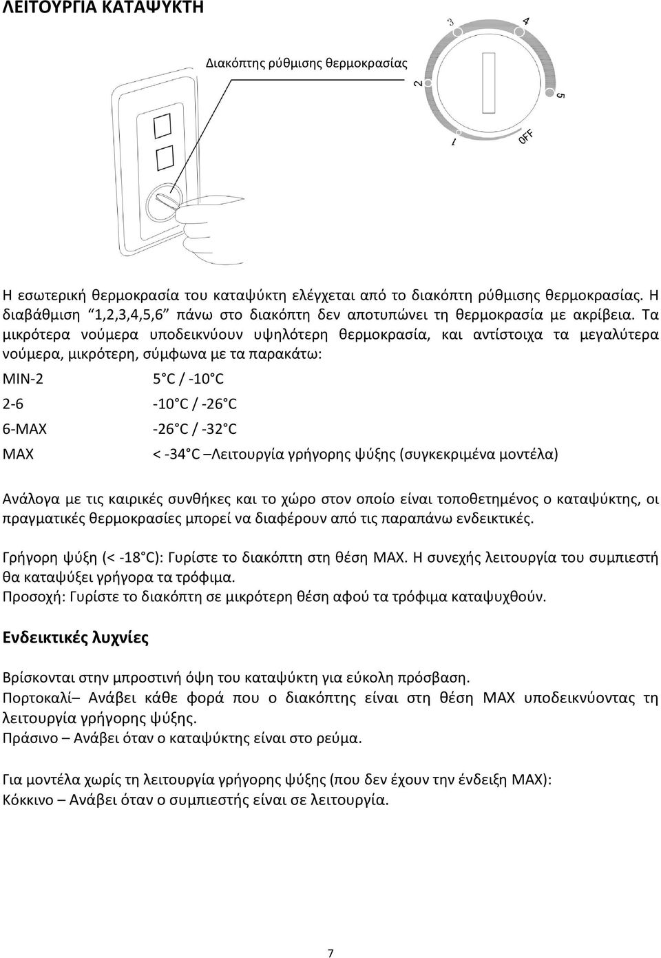 Τα μικρότερα νούμερα υποδεικνύουν υψηλότερη θερμοκρασία, και αντίστοιχα τα μεγαλύτερα νούμερα, μικρότερη, σύμφωνα με τα παρακάτω: ΜΙΝ-2 5 C / -10 C 2-6 -10 C / -26 C 6-MAX MAX -26 C / -32 C < -34 C