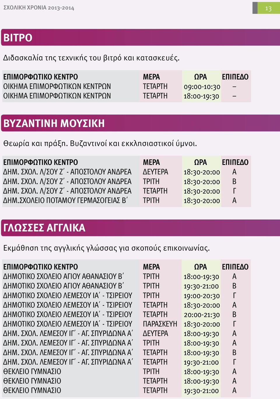 Λ/ΣΟΥ Ζ - ΑΠΟΣΤΟΛΟΥ ΑΝΔΡΕΑ ΔΕΥΤΕΡΑ 18:30-20:00 Α ΔΗΜ. ΣΧΟΛ. Λ/ΣΟΥ Ζ - ΑΠΟΣΤΟΛΟΥ ΑΝΔΡΕΑ ΤΡΙΤΗ 18:30-20:00 Β ΔΗΜ. ΣΧΟΛ. Λ/ΣΟΥ Ζ - ΑΠΟΣΤΟΛΟΥ ΑΝΔΡΕΑ ΤΕΤΑΡΤΗ 18:30-20:00 Γ ΔΗΜ.