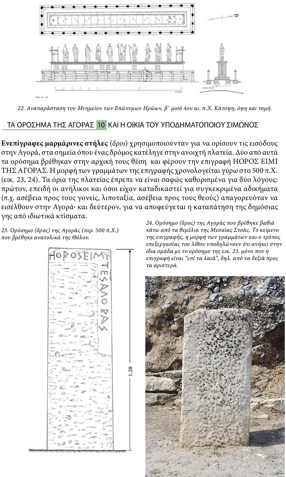 ανοιχτή πλατεία. Δύο από αυτά τα ορόσημα βρέθηκαν στην αρχική τους θέση και φέρουν την επιγραφή HΟΡΟΣ ΕΙΜΙ ΤΗΣ ΑΓΟΡΑΣ. Η μορφή των γραμμάτων της επιγραφής χρονολογείται γύρω στο 500 π.χ. (εικ.