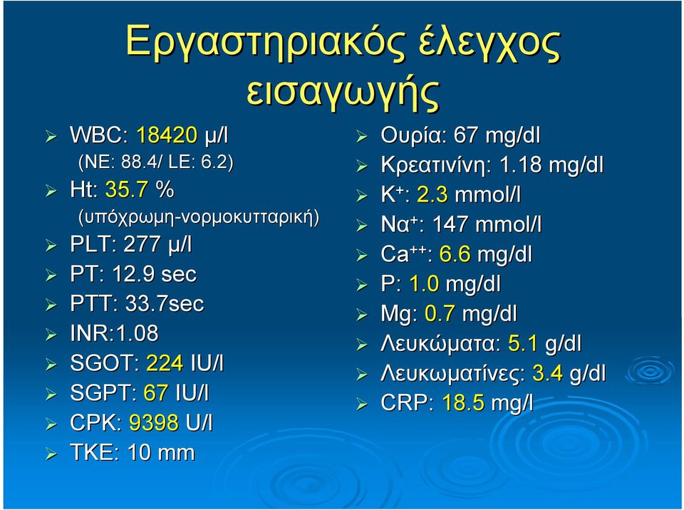 08 SGOT: 224 IU/l SGPT: 67 IU/l CPK: 9398 U/l TKE: 10 mm Oυρία: : 67 mg/dl Κρεατινίνη: : 1.