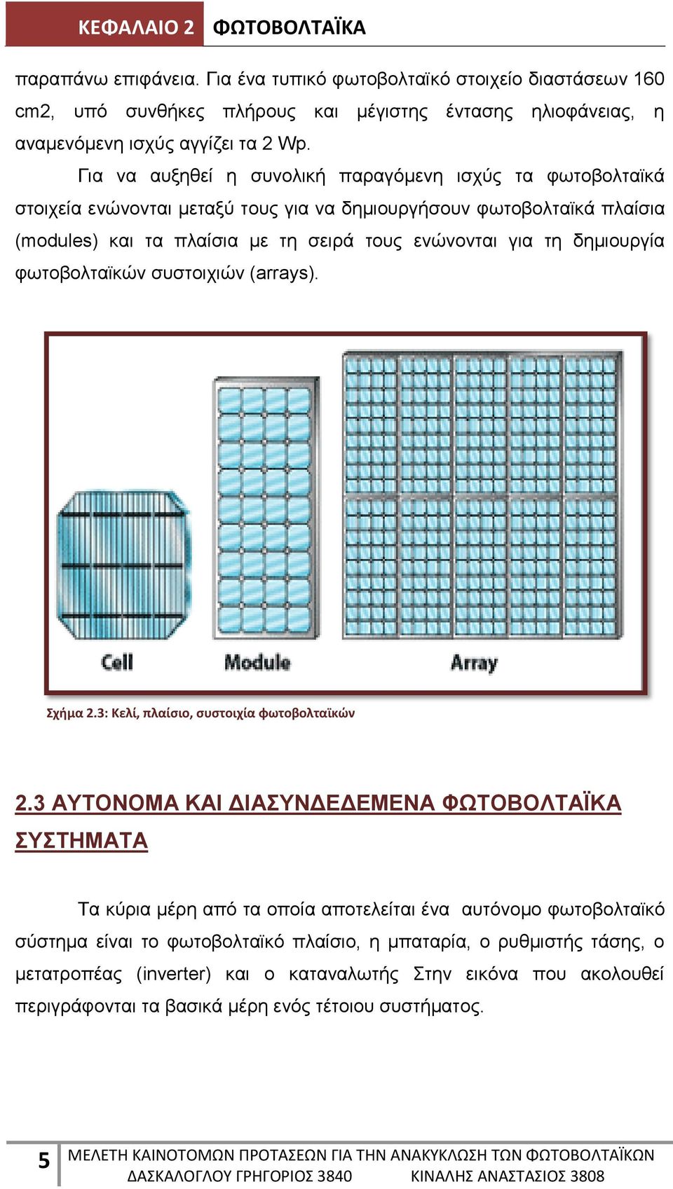 δημιουργία φωτοβολταϊκών συστοιχιών (arrays). Σχήμα 2.3: Κελί, πλαίσιο, συστοιχία φωτοβολταϊκών 2.