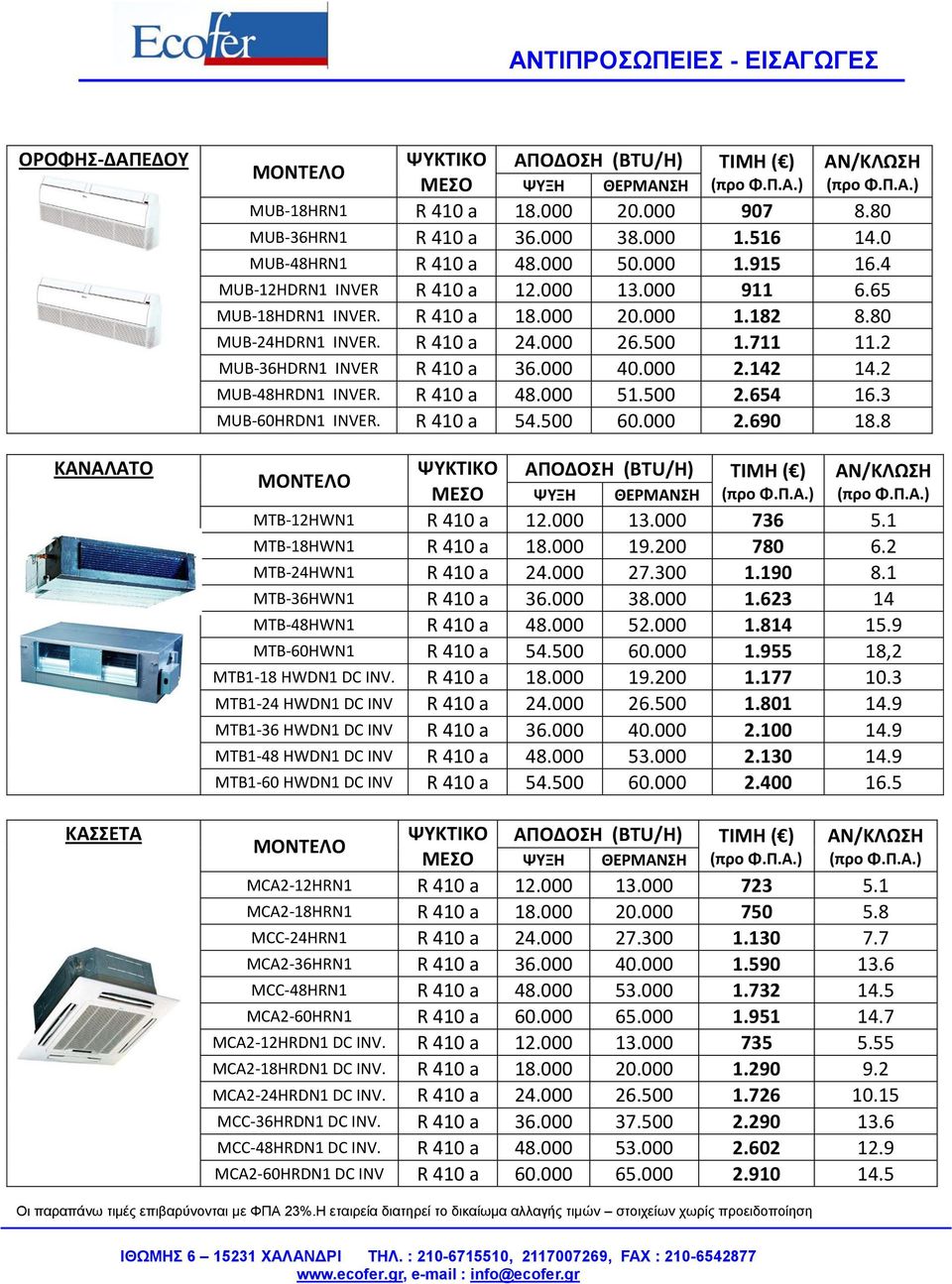 000 40.000 2.142 14.2 MUB-48HRDN1 INVER. R 410 a 48.000 51.500 2.654 16.3 MUB-60HRDN1 INVER. R 410 a 54.500 60.000 2.690 18.8 ΨΥΚΤΙΚΟ ΑΠΟΔΟΣΗ (BTU/H) TIMH ( ) ΜΕΣΟ ΨΥΞΗ ΘΕΡΜΑΝΣΗ MTB-12HWN1 R 410 a 12.