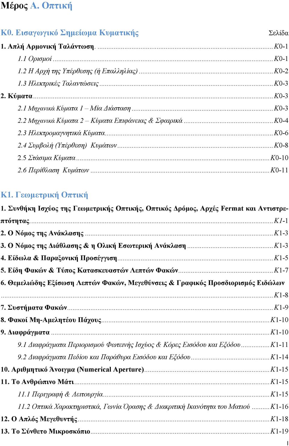 .. Κ0-10.6 Περίθλαση Κυμάτων... Κ0-11 Κ1. Γεωμετρική Οπτική 1. Συνθήκη Ισχύος της Γεωμετρικής Οπτικής, Οπτικός Δρόμος, Αρχές Fermat και Αντιστρεπτότητας.... Κ1-1. Ο Νόμος της Ανάκλασης... Κ1-3 3.