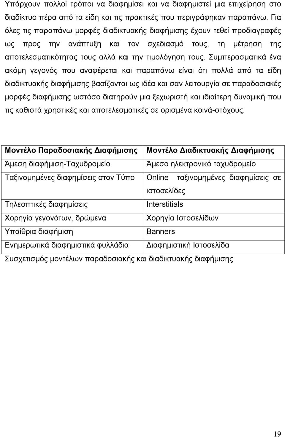 Συμπερασματικά ένα ακόμη γεγονός που αναφέρεται και παραπάνω είναι ότι πολλά από τα είδη διαδικτυακής διαφήμισης βασίζονται ως ιδέα και σαν λειτουργία σε παραδοσιακές μορφές διαφήμισης ωστόσο