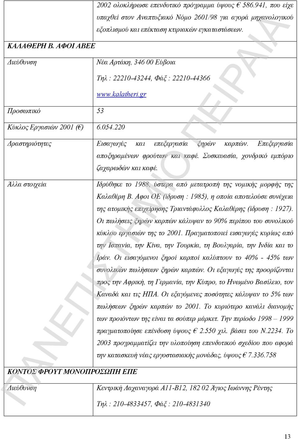 kalatheri.gr Κύκλος Εργασιών 2001 ( ) 6.054.220 Δραστηριότητες Εισαγωγές και επεξεργασία ξηρών καρπών. Επεξεργασία Άλλα στοιχεία αποξηραμένων φρούτων και καφέ.