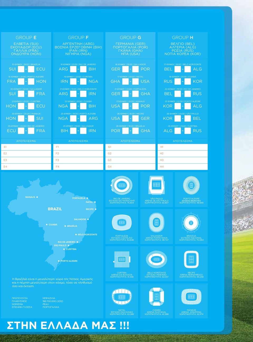 GER POR BEL ALG 15 ΙΟΥΝΙΟΥ 22:00 PORTO ALEGRE 16 ΙΟΥΝΙΟΥ 22:00 CURITIBA 17 ΙΟΥΝΙΟΥ 01:00 NATAL 18 ΙΟΥΝΙΟΥ 01:00 CUIABÁ FRA HON IRN NGA GHA USA RUS KOR 20 ΙΟΥΝΙΟΥ 22:00 SALVADOR 21 ΙΟΥΝΙΟΥ 19:00 BELO