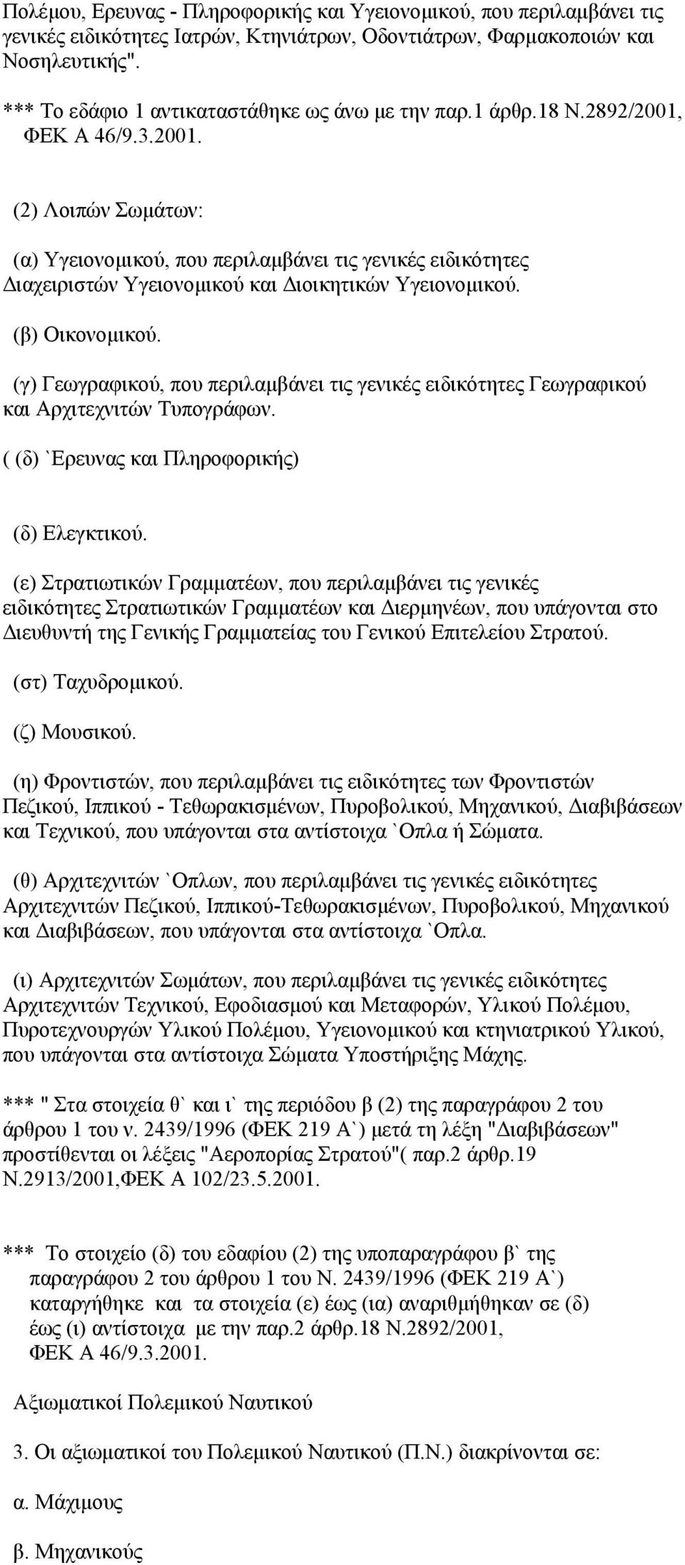 ΦΕΚ Α 46/9.3.2001. (2) Λοιπών Σωμάτων: (α) Υγειονομικού, που περιλαμβάνει τις γενικές ειδικότητες Διαχειριστών Υγειονομικού και Διοικητικών Υγειονομικού. (β) Οικονομικού.