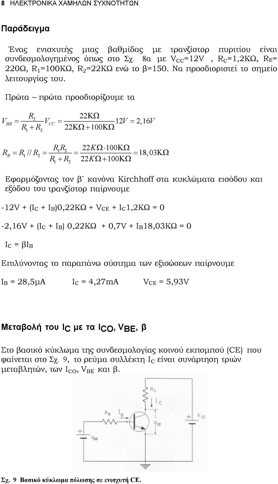 Πρώτα πρώτα προσδιορίζουµε τα ΚΩ BB = CC = =,6 + ΚΩ + 00ΚΩ KΩ 00ΚΩ = = = = ΚΩ B // 8,03 + KΩ + 00ΚΩ Εφαρµόζοντας τον β` κανόνα Krchhff στα κυκλώµατα εισόδου και εξόδου του τρανζίστορ παίρνουµε - + (C