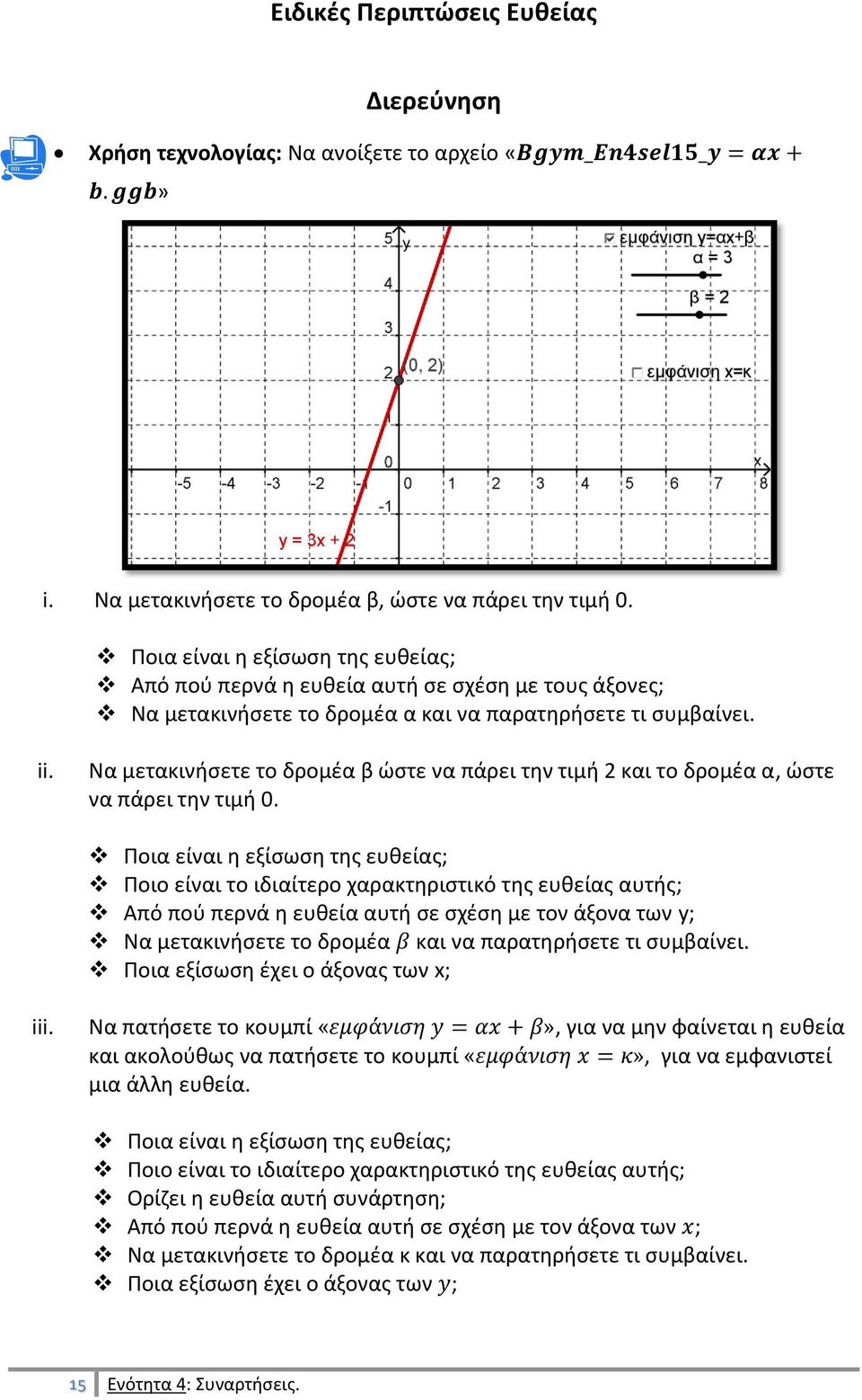 Να μετακινήσετε το δρομέα β ώστε να πάρει την τιμή 2 και το δρομέα α, ώστε να πάρει την τιμή 0.