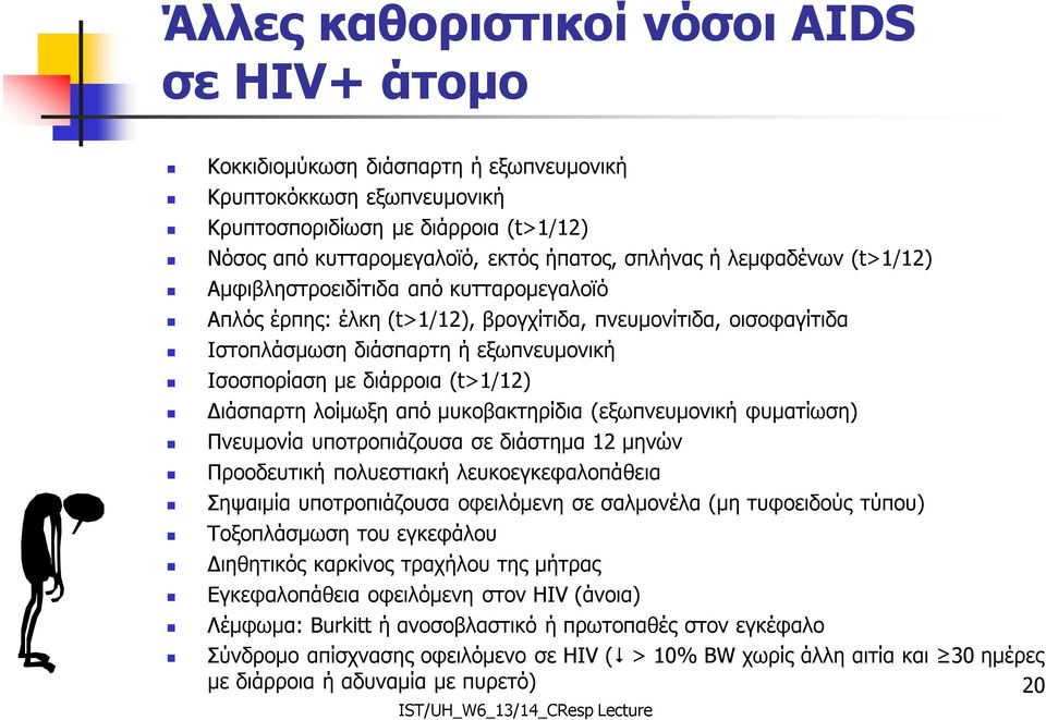 (t>1/12) Διάσπαρτη λοίμωξη από μυκοβακτηρίδια (εξωπνευμονική φυματίωση) Πνευμονία υποτροπιάζουσα σε διάστημα 12 μηνών Προοδευτική πολυεστιακή λευκοεγκεφαλοπάθεια Σηψαιμία υποτροπιάζουσα οφειλόμενη σε