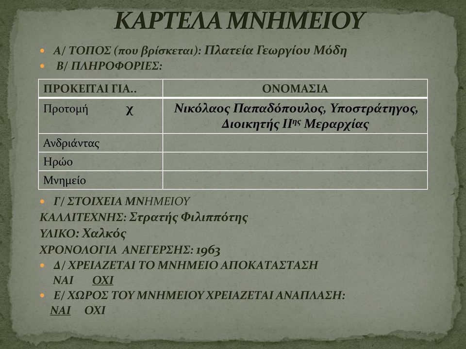 ΑΝΕΓΕΡΣΗΣ: 1963 ΟΝΟΜΑΣΙΑ Προτομή χ Νικόλαος Παπαδόπουλος, Υποστράτηγος, Διοικητής ΙΙ ης