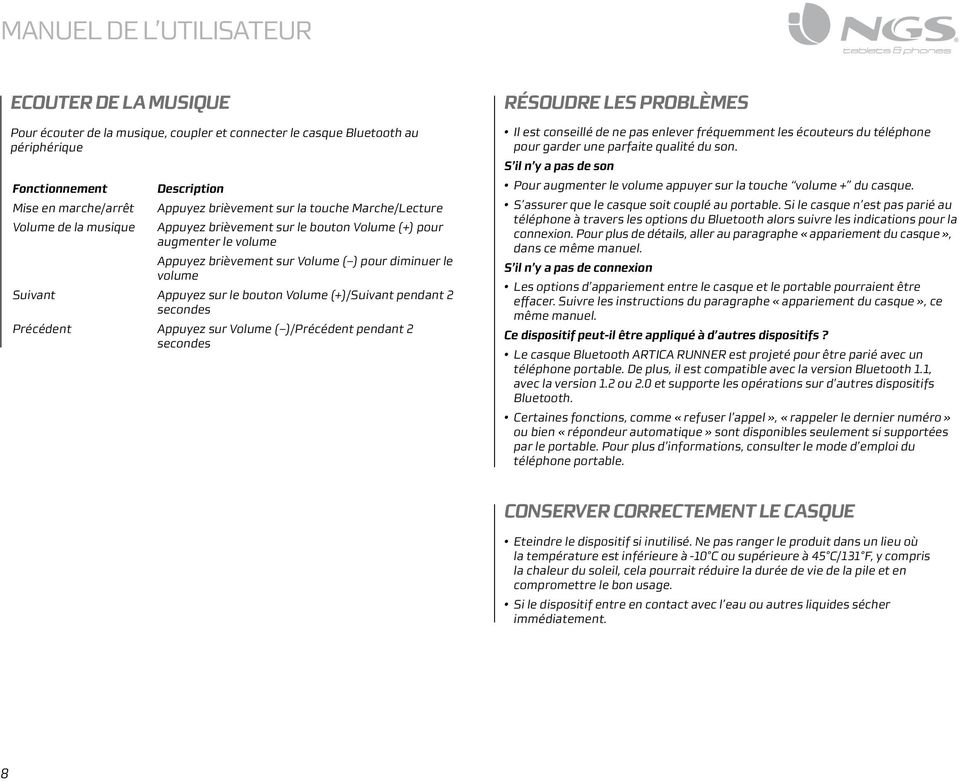 bouton Volume (+)/Suivant pendant 2 secondes Précédent Appuyez sur Volume ( )/Précédent pendant 2 secondes RÉSOUDRE LES PROBLÈMES Il est conseillé de ne pas enlever fréquemment les écouteurs du