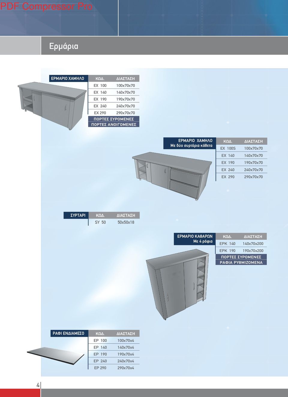 140x70x70 190x70x70 240x70x70 290x70x70 ΣΥΡΤΑΡΙ SY 50 50x50x18 ΕΡΜΑΡΙΟ ΚΑΘΑΡΩΝ Με 4 ράφια ΕΡΚ 140 ΕΡΚ 190 140x70x200