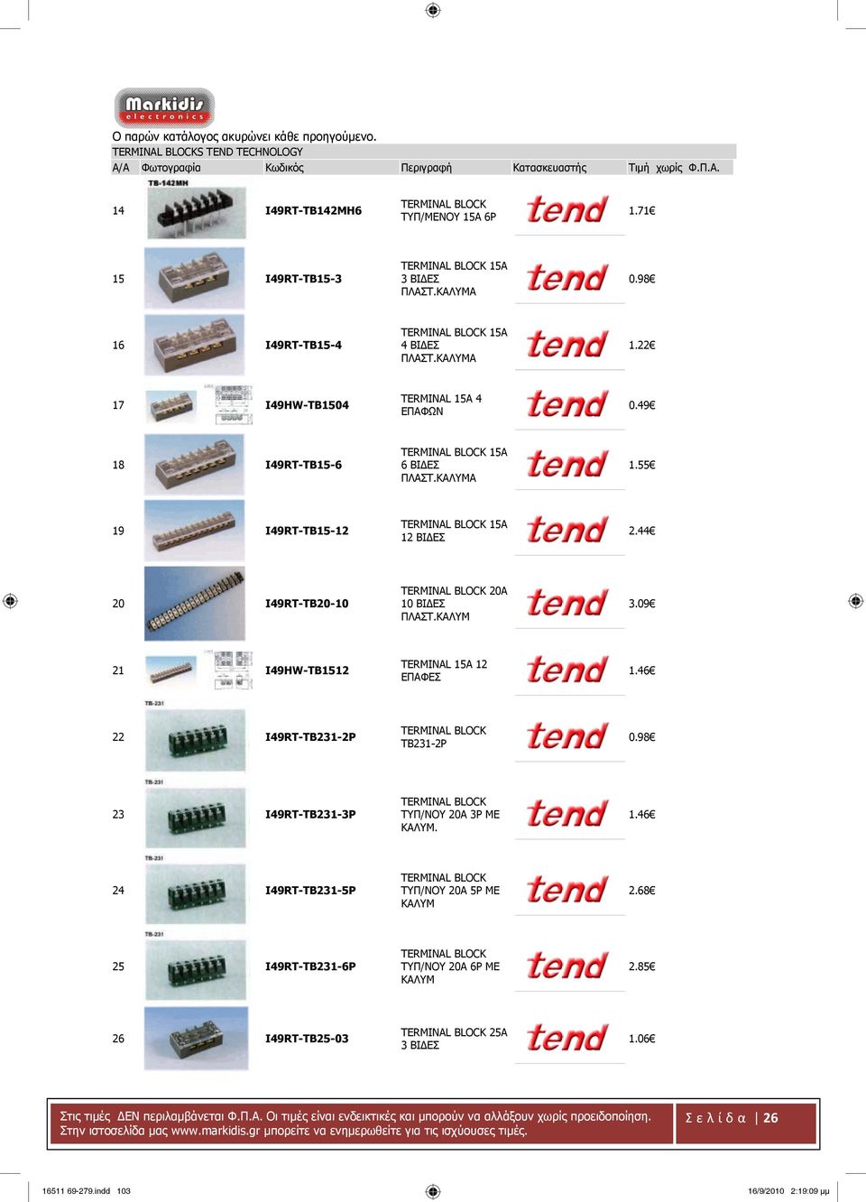 44 20 I49RT-TB20-10 TERMINAL BLOCK 20Α 10 ΒΙΔΕΣ ΠΛΑΣΤ.ΚΑΛΥΜ 3.09 21 I49HW-TB1512 TERMINAL 15Α 12 ΕΠΑΦΕΣ 1.46 22 I49RT-TB231-2P TERMINAL BLOCK ΤΒ231-2Ρ 0.