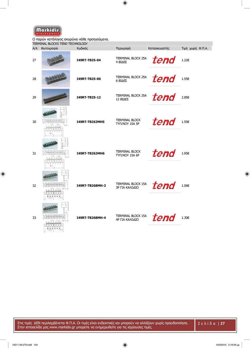 85 30 I49RT-TB263MH5 TERMINAL BLOCK ΤΥΠ/ΝΟΥ 15Α 5Ρ 1.55 31 I49RT-TB263MH6 TERMINAL BLOCK ΤΥΠ/ΝΟΥ 15Α 6Ρ 1.