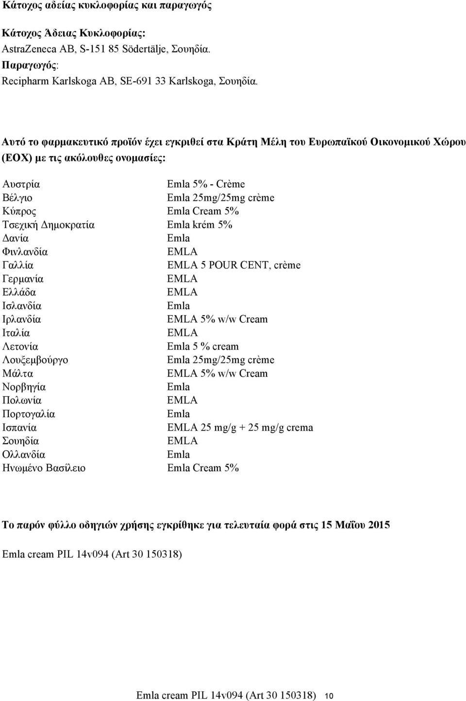 Τσεχική Δημοκρατία Emla krém 5% Δανία Emla Φινλανδία Γαλλία 5 POUR CENT, crème Γερμανία Ελλάδα Ισλανδία Emla Ιρλανδία 5% w/w Cream Ιταλία Λετονία Emla 5 % cream Λουξεμβούργο Emla 25mg/25mg crème