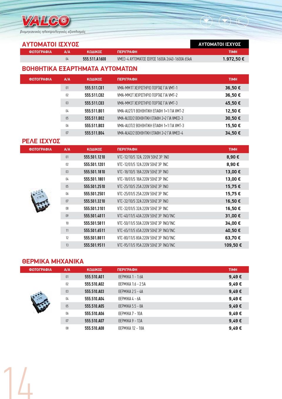 C01 VMA-MM1T ΧΕΙΡΙΣΤΗΡΙΟ ΠΟΡΤΑΣ ΓΙΑ VMT-1 36,50 02 555.511.C02 VMA-MM2T ΧΕΙΡΙΣΤΗΡΙΟ ΠΟΡΤΑΣ ΓΙΑ VMT-2 36,50 03 555.511.C03 VMA-MM3T ΧΕΙΡΙΣΤΗΡΙΟ ΠΟΡΤΑΣ ΓΙΑ VMT-3 45,50 04 555.511.B01 VMA-AU2T/1 ΒΟΗΘΗΤΙΚΗ ΕΠΑΦΗ 1+1 ΓΙΑ VMT-2 12,50 05 555.