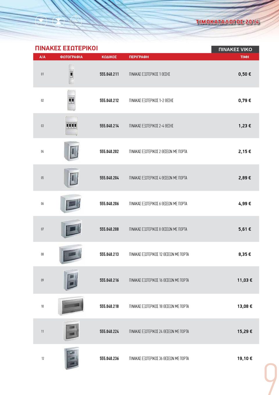 040.208 ΠΙΝΑΚΑΣ ΕΞΩΤΕΡΙΚΟΣ 8 ΘΕΣΕΩΝ ΜΕ ΠΟΡΤΑ 5,61 08 555.040.213 ΠΙΝΑΚΑΣ ΕΞΩΤΕΡΙΚΟΣ 12 ΘΕΣΕΩΝ ΜΕ ΠΟΡΤΑ 8,35 09 555.040.216 ΠΙΝΑΚΑΣ ΕΞΩΤΕΡΙΚΟΣ 16 ΘΕΣΕΩΝ ΜΕ ΠΟΡΤΑ 11,03 10 555.040.218 ΠΙΝΑΚΑΣ ΕΞΩΤΕΡΙΚΟΣ 18 ΘΕΣΕΩΝ ΜΕ ΠΟΡΤΑ 13,08 11 555.