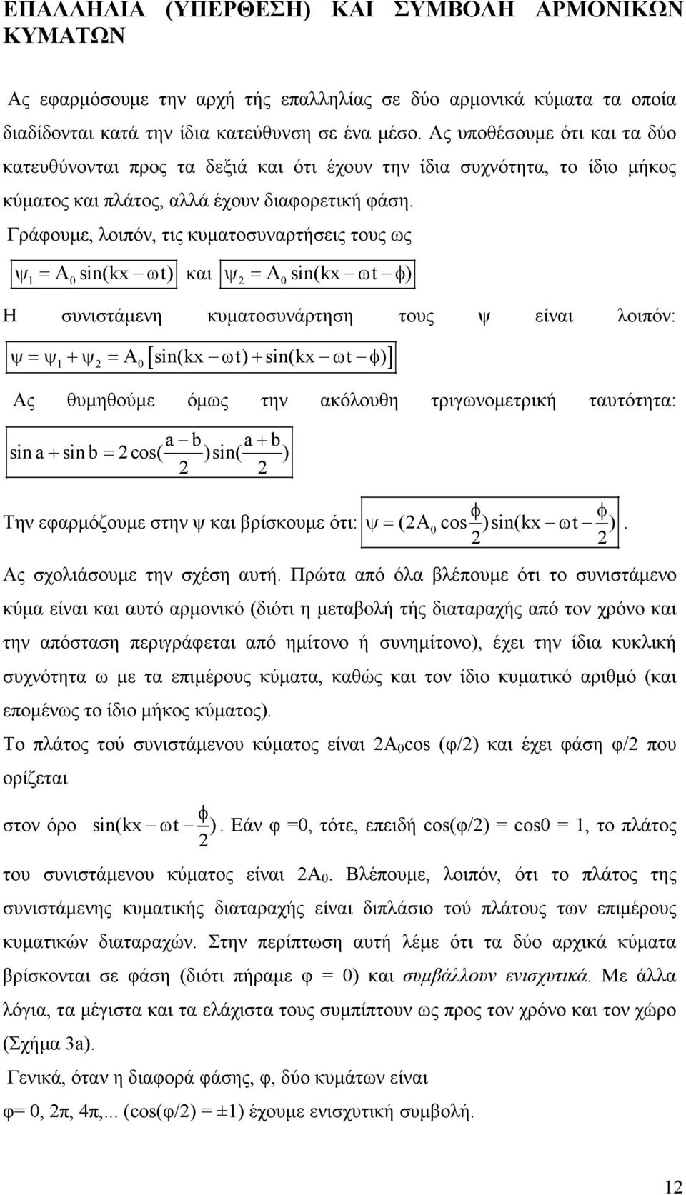 Γράφουµε, λοιπόν, τις κυµατοσυναρτήσεις τους ως ψ =Α 1 0 sin(kx ω t) και ψ =Α sin(kx t ) 0 ω φ Η συνιστάµενη κυµατοσυνάρτηση τους ψ είναι λοιπόν: 1 0 [ sin(kx t) sin(kx t )] ψ=ψ +ψ =Α ω + ω φ Ας