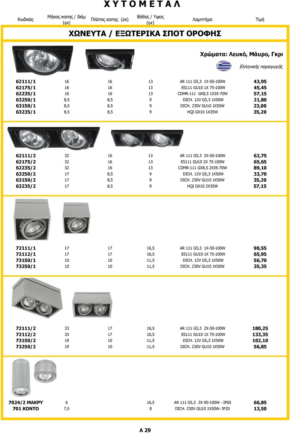 230V GU10 1X50W 23,00 63235/1 8,5 8,5 9 HQI GX10 1X35W 35,20 62111/2 32 16 13 AR 111 G5,3 2X-50-100W 62,75 62175/2 32 16 13 ES111 GU10 2X 75-100W 65,65 62235/2 32 16 13 CDMR-111 GX8,5 2X35-70W 89,10