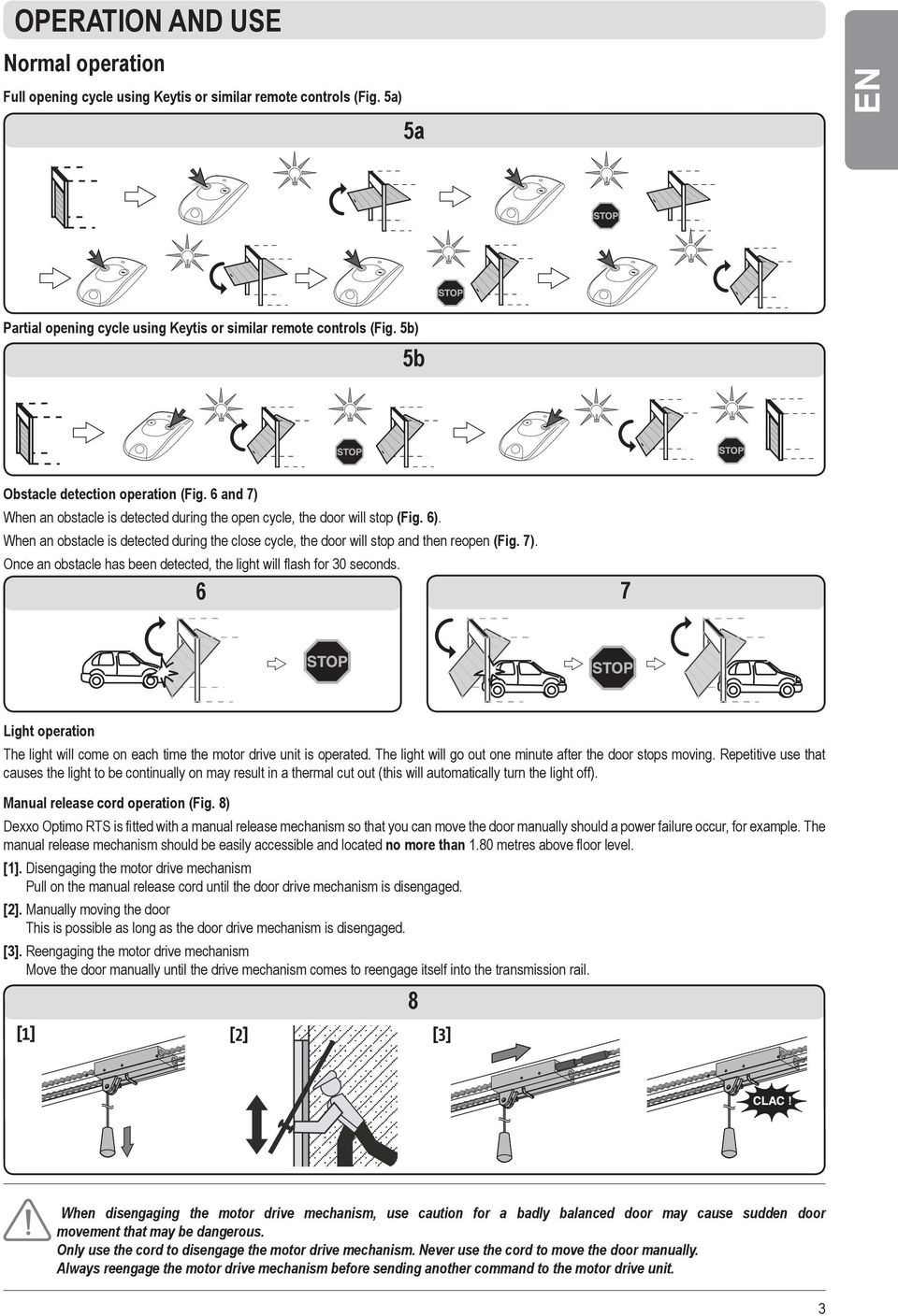 When an obstacle is detected during the close cycle, the door will stop and then reopen (Fig. 7). Once an obstacle has been detected, the light will flash for 30 seconds.