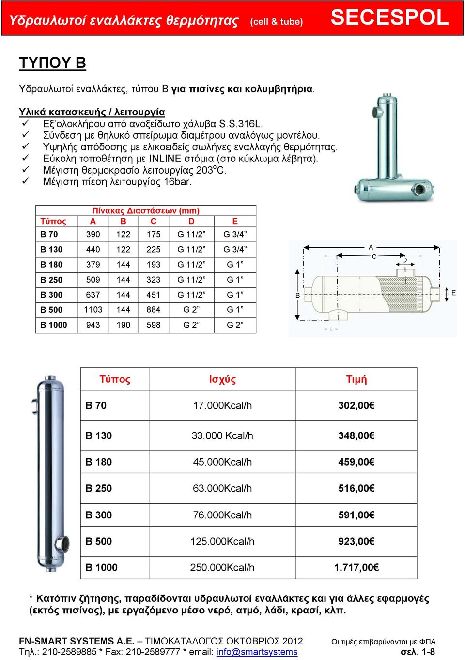 Μέγιστη θερμοκρασία λειτουργίας 203 o C. Μέγιστη πίεση λειτουργίας 16bar.