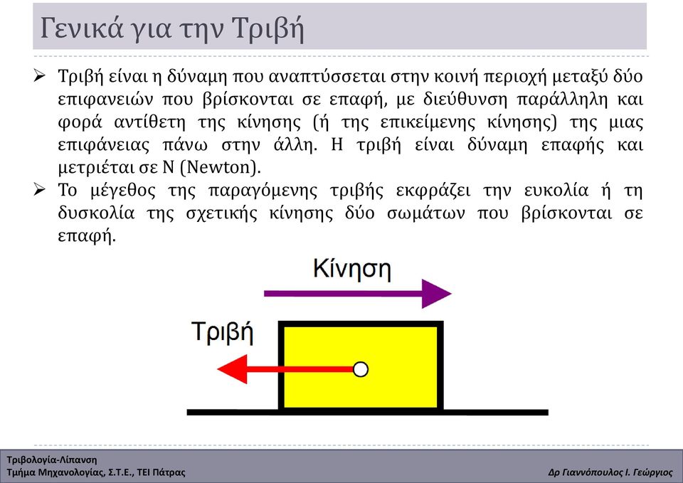 μιας επιφάνειας πάνω στην άλλη. Η τριβή είναι δύναμη επαφής και μετριέται σε Ν (Newton).