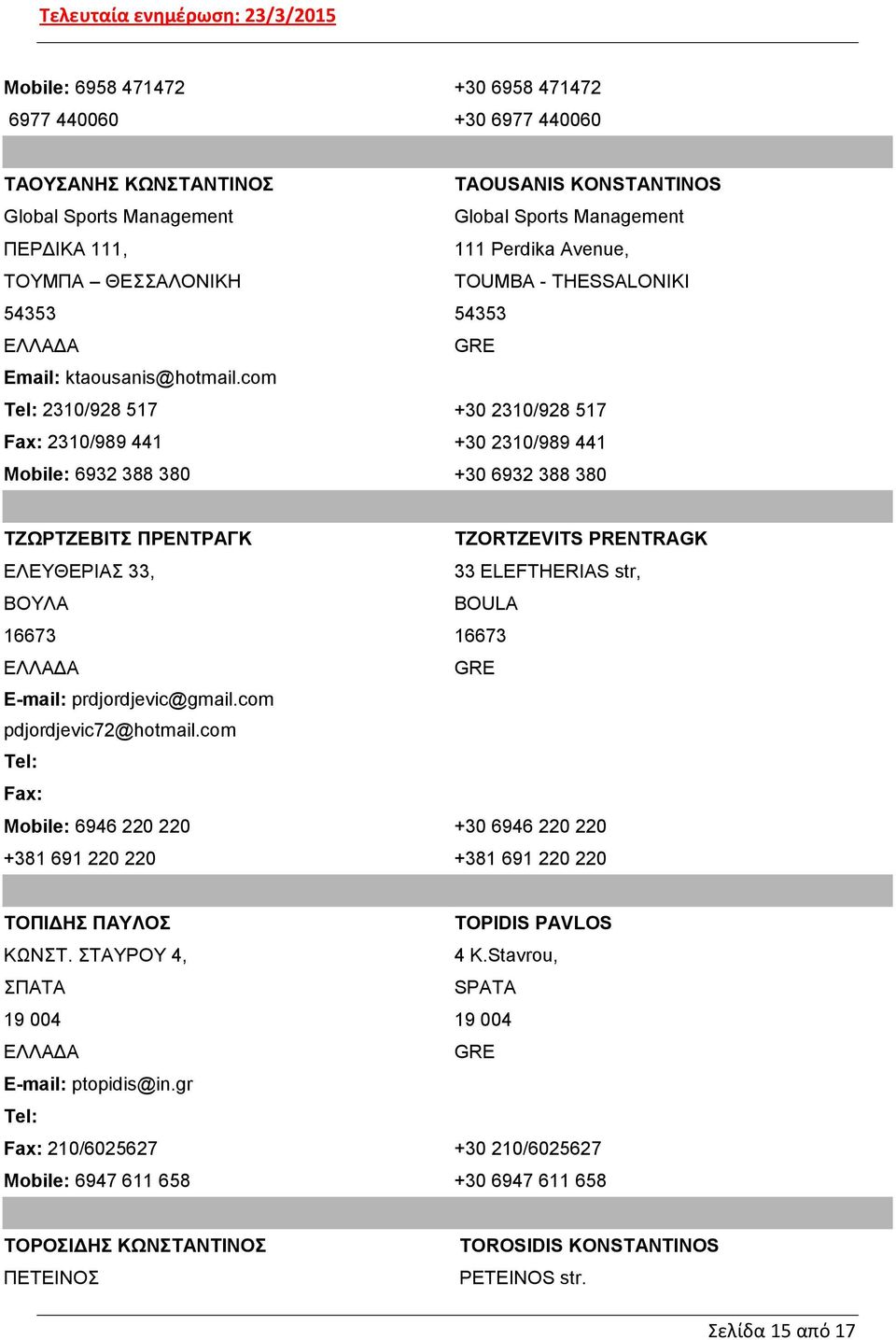 com 2310/928 517 +30 2310/928 517 2310/989 441 +30 2310/989 441 Mobile: 6932 388 380 +30 6932 388 380 ΤΖΩΡΤΖΕΒΙΤΣ ΠΡΕΝΤΡΑΓΚ TZORTZEVITS PRENTRAGK ΕΛΕΥΘΕΡΙΑΣ 33, 33 ELEFTHERIAS str, ΒΟΥΛΑ BOULA 16673