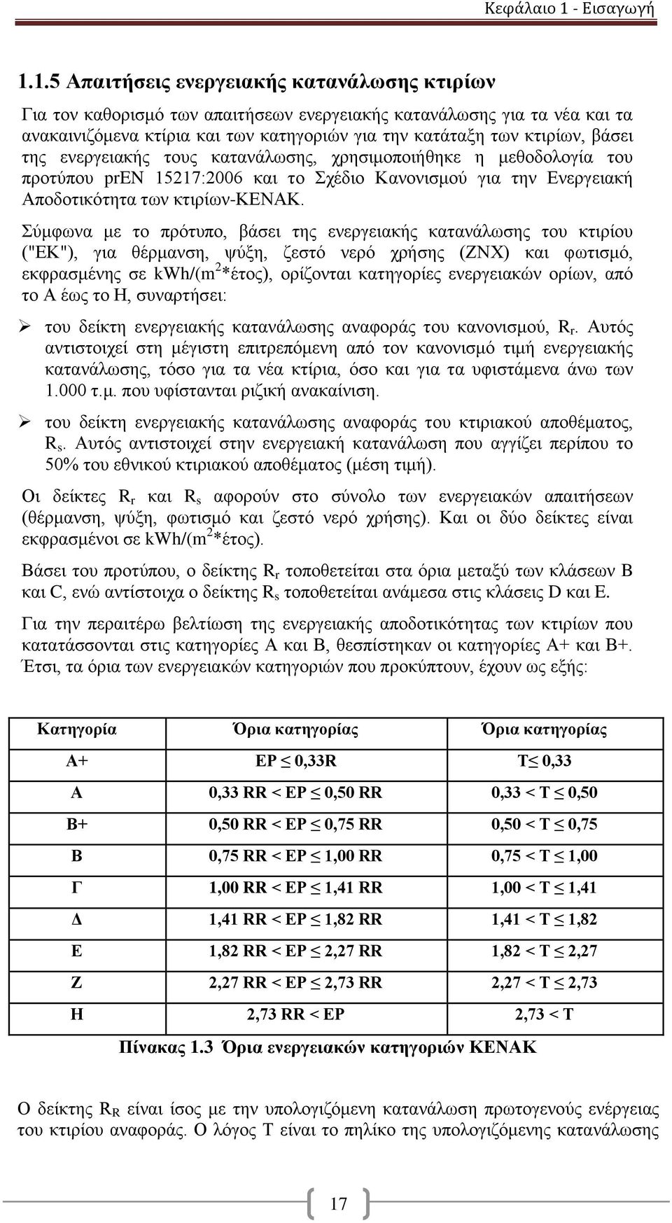 1.5 Απαιτήσεις ενεργειακής κατανάλωσης κτιρίων Για τον καθορισμό των απαιτήσεων ενεργειακής κατανάλωσης για τα νέα και τα ανακαινιζόμενα κτίρια και των κατηγοριών για την κατάταξη των κτιρίων, βάσει