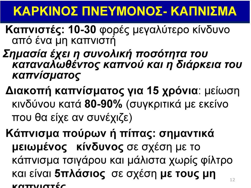 µείωση κινδύνου κατά 80-90% (συγκριτικά µε εκείνο πουθαείχεανσυνέχιζε) Κάπνισµα πούρωνήπίπας: σηµαντικά