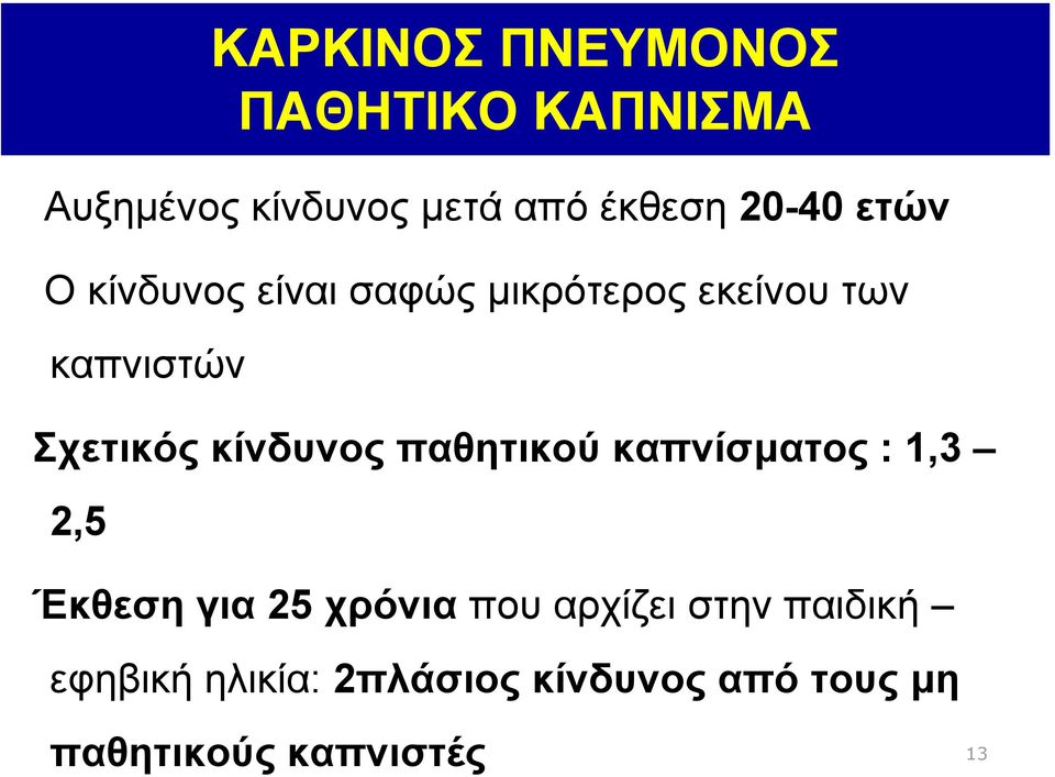 κίνδυνος παθητικού καπνίσµατος :1,3 2,5 Έκθεση για 25 χρόνια που αρχίζει