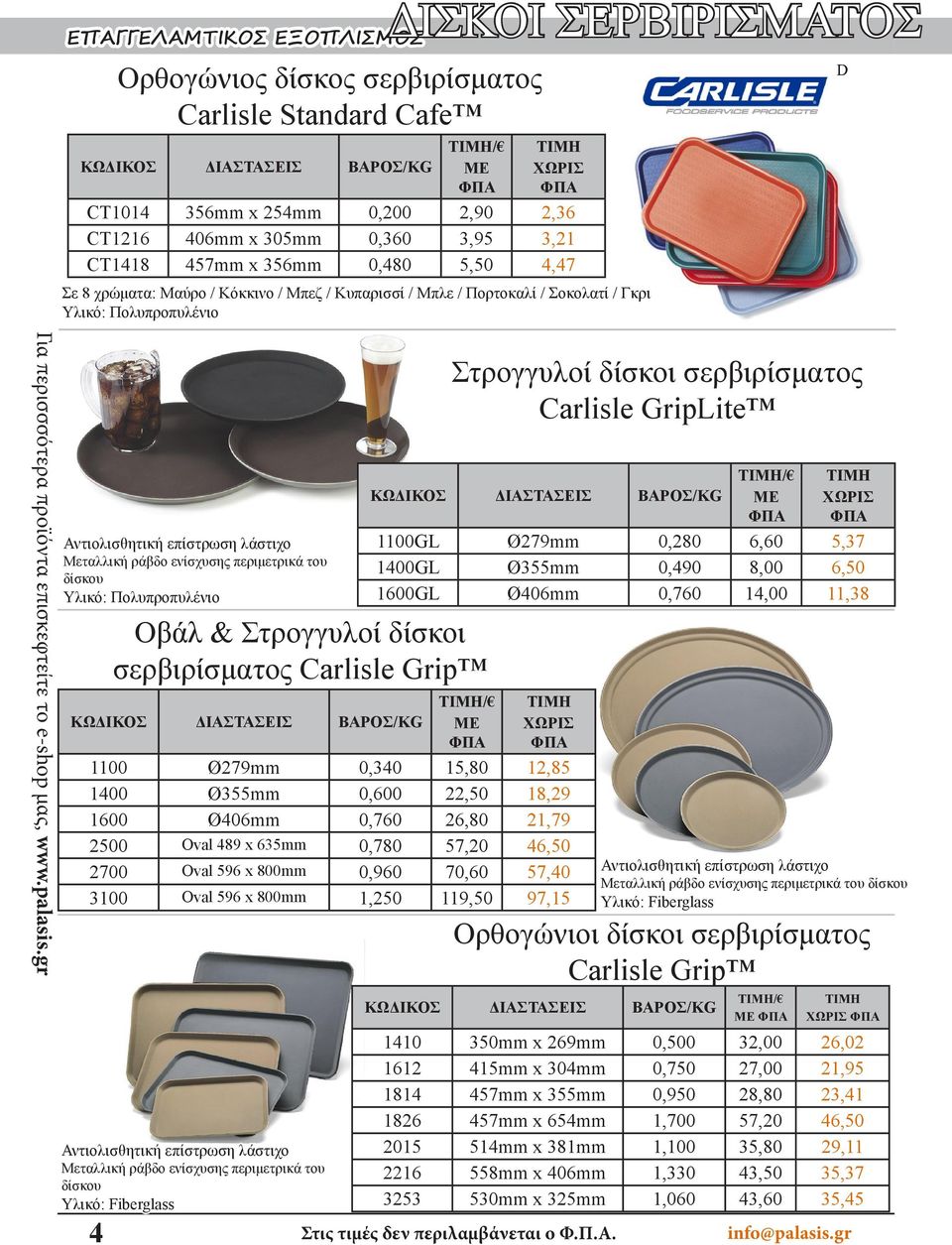 ΧΩΡΙΣ ΦΠΑ T1014 356mm x 254mm 0,200 2,90 2,36 T1216 406mm x 305mm 0,360 3,95 3,21 T1418 457mm x 356mm 0,480 5,50 4,47 ΚΩΔΙΚΌΣ ΔΙΑΣΤΆΣΕΙΣ ΒΆΡΟΣ/KG Στρογγυλοί δίσκοι σερβιρίσματος arlisle GripLite