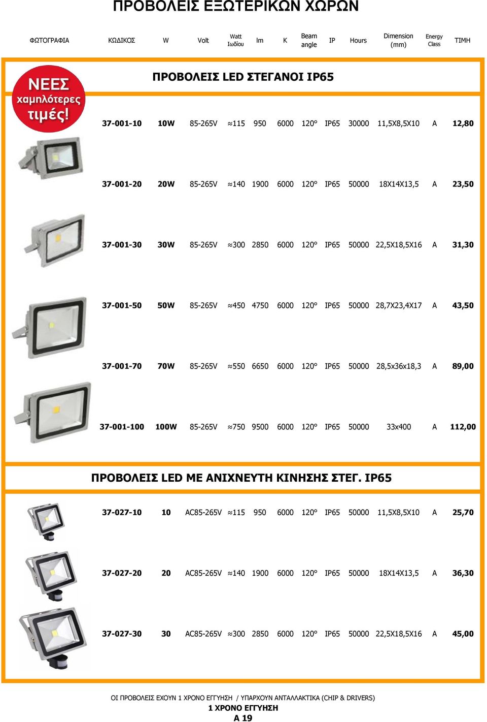 6000 120 ΙΡ65 50000 28,7Χ23,4Χ17 Α 43,50 37-001-70 70W 85-265V 550 6650 6000 120 ΙΡ65 50000 28,5x36x18,3 Α 89,00 37-001-100 100W 85-265V 750 9500 6000 120 ΙΡ65 50000 33x400 Α 112,00 ΠΡΟΒΟΛΕΙΣ LED ME