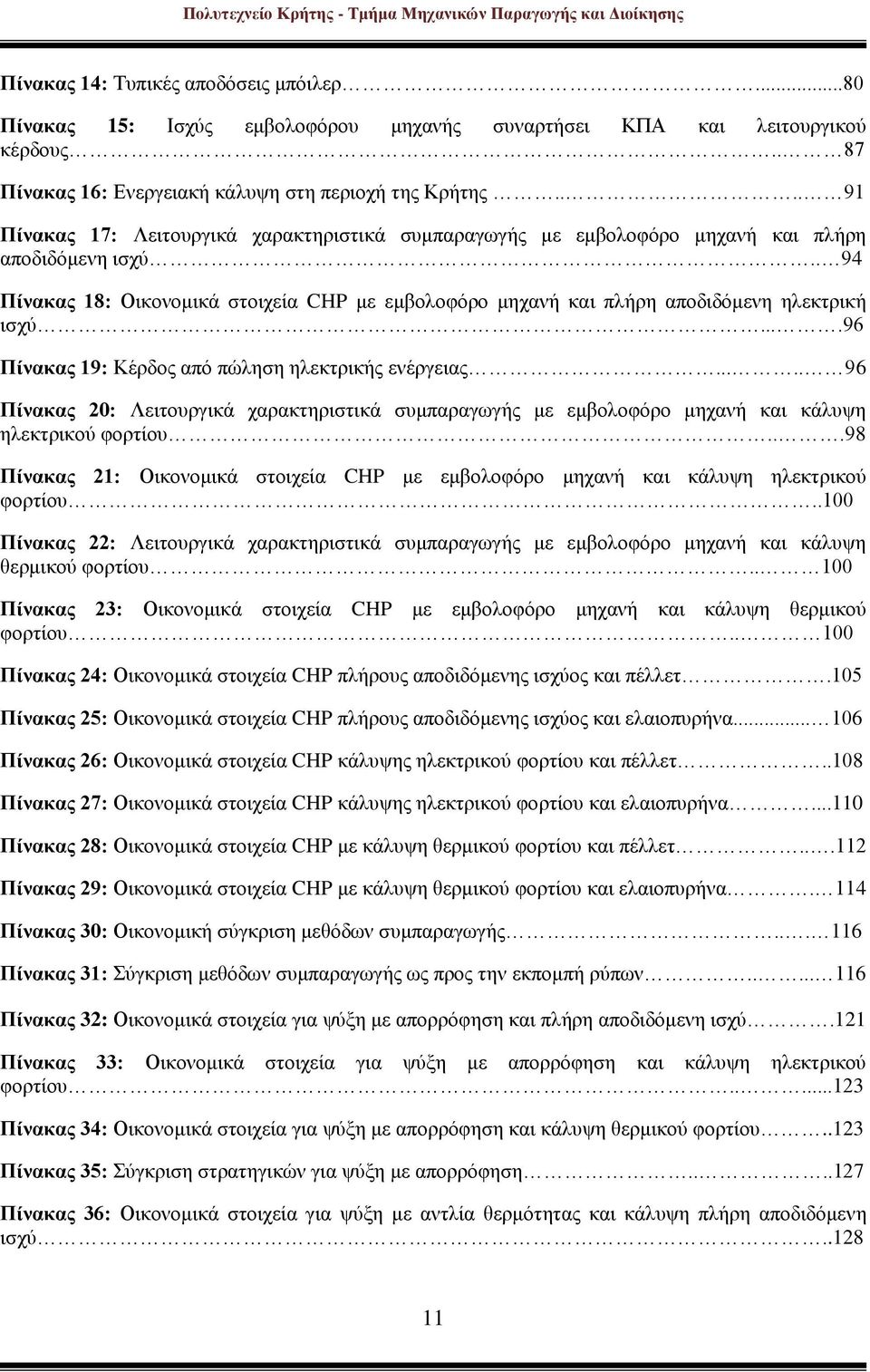 . 94 Πίνακας 18: Οικονομικά στοιχεία CHP με εμβολοφόρο μηχανή και πλήρη αποδιδόμενη ηλεκτρική ισχύ....96 Πίνακας 19: Κέρδος από πώληση ηλεκτρικής ενέργειας.