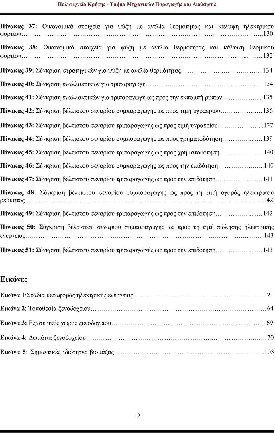 ... 134 Πίνακας 41: Σύγκριση εναλλακτικών για τριπαραγωγή ως προς την εκπομπή ρύπων...135 Πίνακας 42: Σύγκριση βέλτιστου σεναρίου συμπαραγωγής ως προς τιμή υγραερίου.