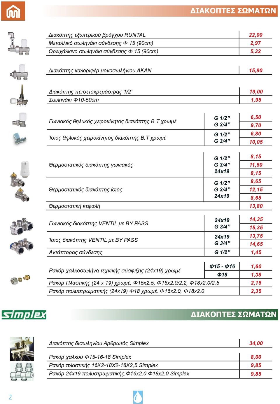 Τ χρωμέ G 1/2 G 3/4 G 1/2 G 3/4 6,50 9,70 6,80 10,05 Θερμοστατικός διακόπτης γωνιακός Θερμοστατικός διακόπτης ίσιος G 1/2 G 3/4 24x19 G 1/2 G 3/4 24x19 8,15 11,50 8,15 8,65 12,15 Θερμοστατική κεφαλή