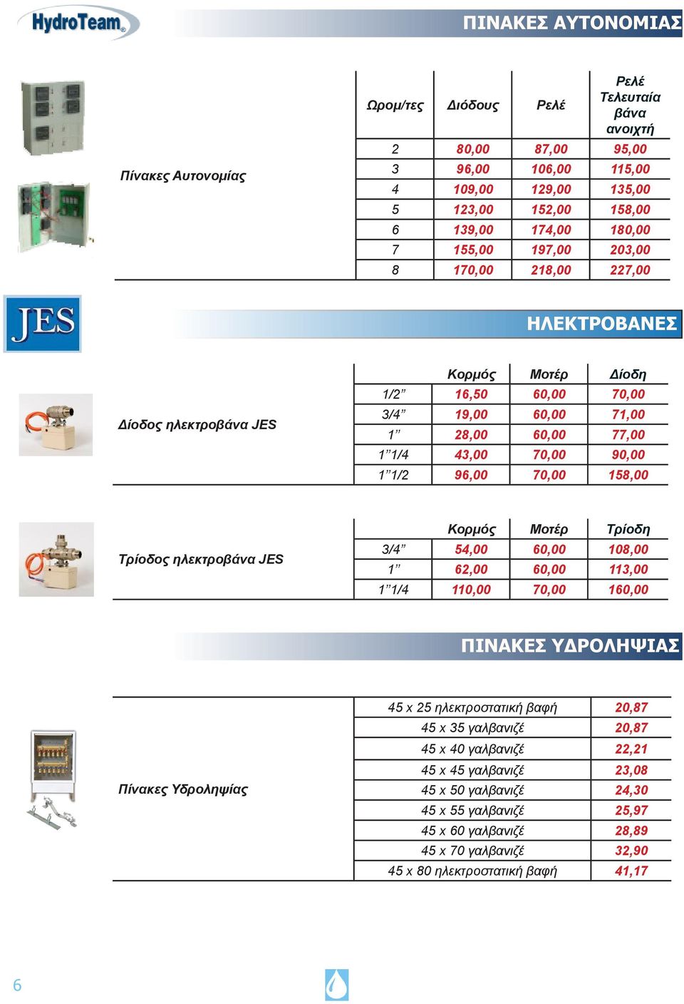 96,00 70,00 158,00 Τρίοδος ηλεκτροβάνα JES Κορμός Μοτέρ Τρίοδη 3/4 54,00 60,00 108,00 1 62,00 60,00 113,00 1 1/4 110,00 70,00 160,00 ΠΙΝΑΚΕΣ ΥΔΡΟΛΗΨΙΑΣ Πίνακες Υδροληψίας 45 x 25 ηλεκτροστατική βαφή