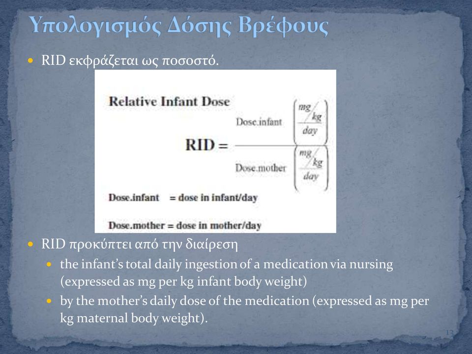 ingestion of a medication via nursing (expressed as mg per kg