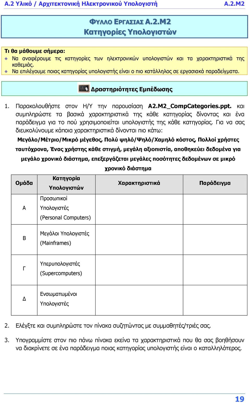και συμπληρώστε τα βασικά χαρακτηριστικά της κάθε κατηγορίας δίνοντας και ένα παράδειγμα για το πού χρησιμοποιείται υπολογιστής της κάθε κατηγορίας.