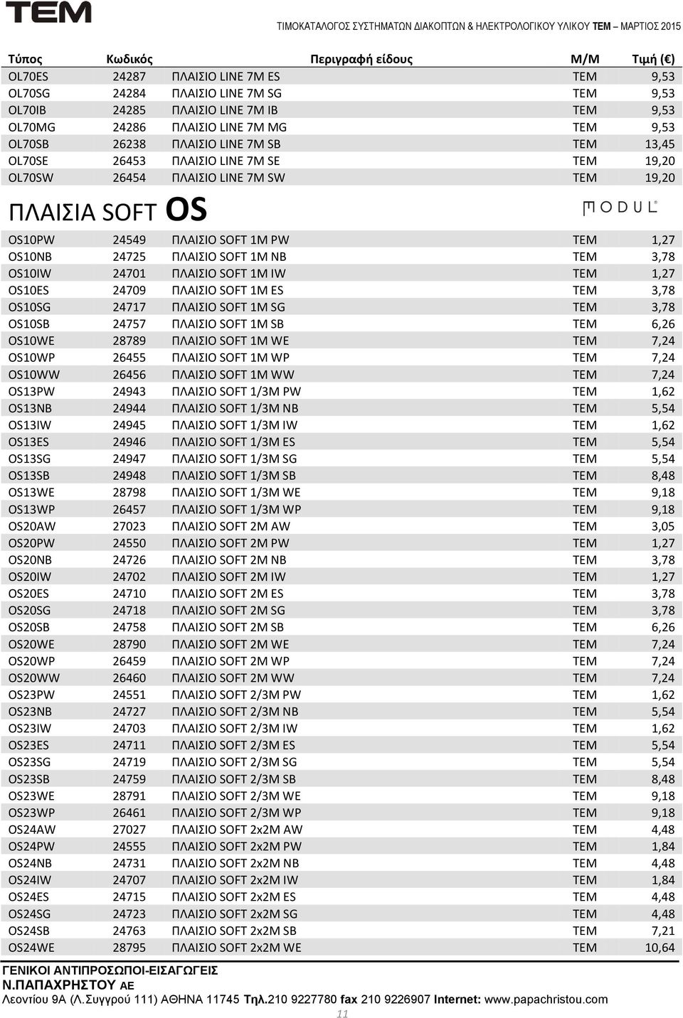 24701 ΠΛΑΙΣΙΟ SOFT 1M IW ΤΕΜ 1,27 OS10ES 24709 ΠΛΑΙΣΙΟ SOFT 1M ES ΤΕΜ 3,78 OS10SG 24717 ΠΛΑΙΣΙΟ SOFT 1M SG ΤΕΜ 3,78 OS10SB 24757 ΠΛΑΙΣΙΟ SOFT 1M SB ΤΕΜ 6,26 OS10WE 28789 ΠΛΑΙΣΙΟ SOFT 1M WE ΤΕΜ 7,24