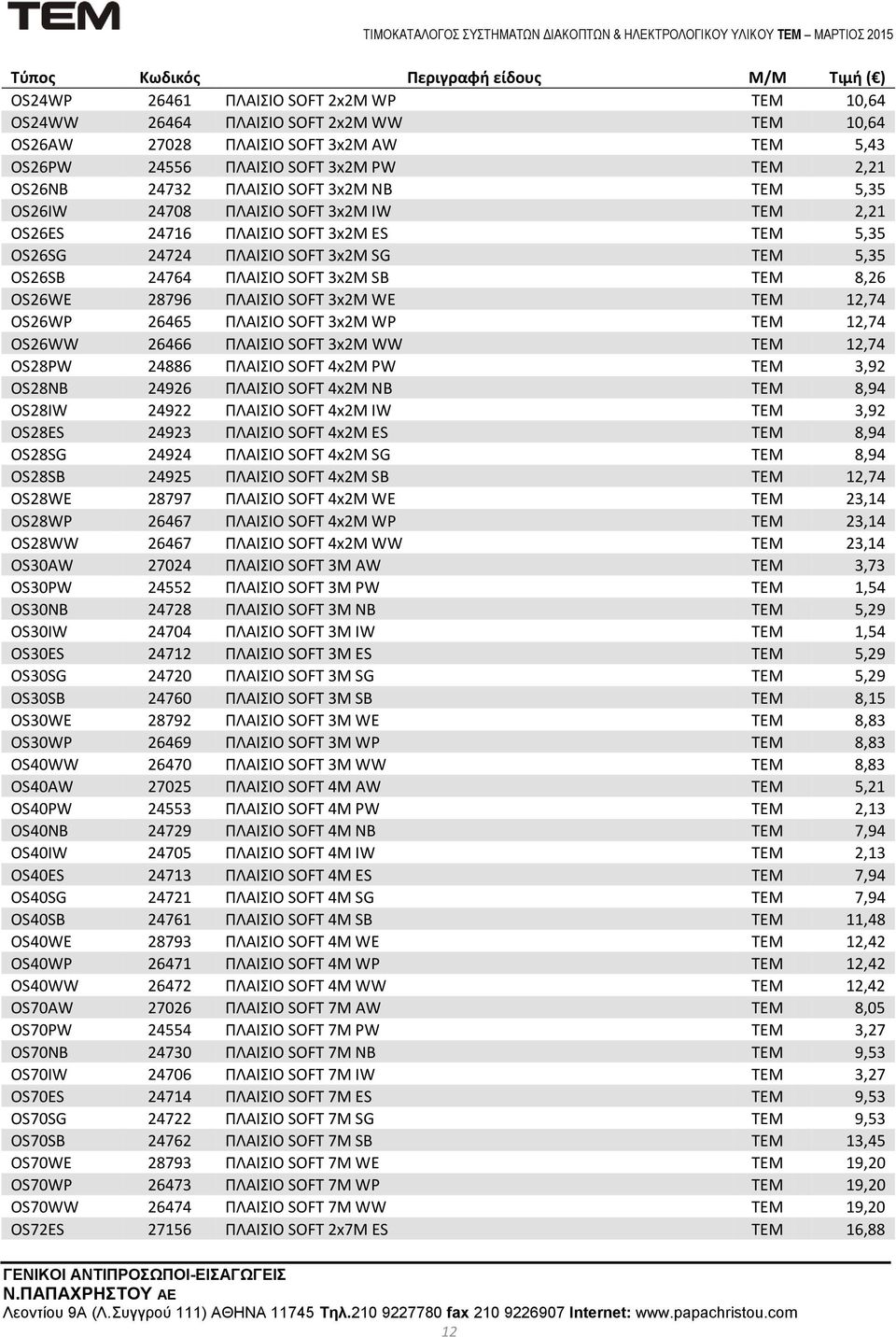 28796 ΠΛΑΙΣΙΟ SOFT 3x2M WE ΤΕΜ 12,74 OS26WP 26465 ΠΛΑΙΣΙΟ SOFT 3x2M WP ΤΕΜ 12,74 OS26WW 26466 ΠΛΑΙΣΙΟ SOFT 3x2M WW ΤΕΜ 12,74 OS28PW 24886 ΠΛΑΙΣΙΟ SOFT 4x2M PW ΤΕΜ 3,92 OS28NB 24926 ΠΛΑΙΣΙΟ SOFT 4x2M