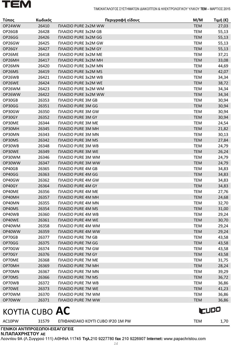 OP26WB 26421 ΠΛΑΙΣΙΟ PURE 3x2M WB ΤΕΜ 34,34 OP26WE 26424 ΠΛΑΙΣΙΟ PURE 3x2M WE ΤΕΜ 38,72 OP26WM 26423 ΠΛΑΙΣΙΟ PURE 3x2M WM ΤΕΜ 34,34 OP26WW 26422 ΠΛΑΙΣΙΟ PURE 3x2M WW ΤΕΜ 34,34 OP30GB 26353 ΠΛΑΙΣΙΟ