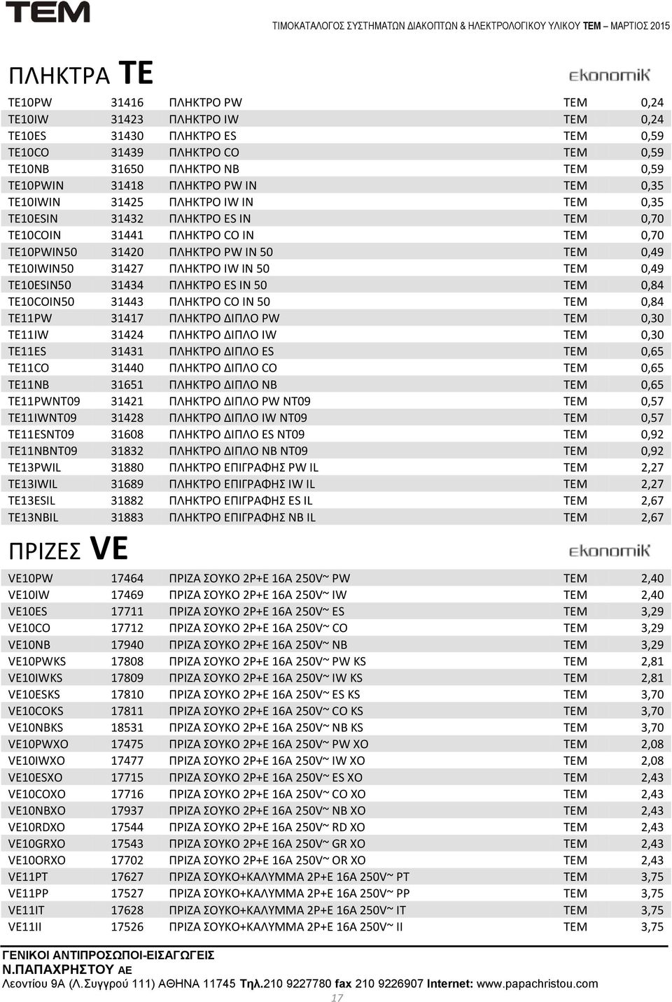 IN 50 ΤΕΜ 0,49 TE10ESIN50 31434 ΠΛΗΚΤΡΟ ES IN 50 ΤΕΜ 0,84 TE10COIN50 31443 ΠΛΗΚΤΡΟ CO IN 50 ΤΕΜ 0,84 TE11PW 31417 ΠΛΗΚΤΡΟ ΔΙΠΛΟ PW ΤΕΜ 0,30 TE11IW 31424 ΠΛΗΚΤΡΟ ΔΙΠΛΟ IW ΤΕΜ 0,30 TE11ES 31431 ΠΛΗΚΤΡΟ