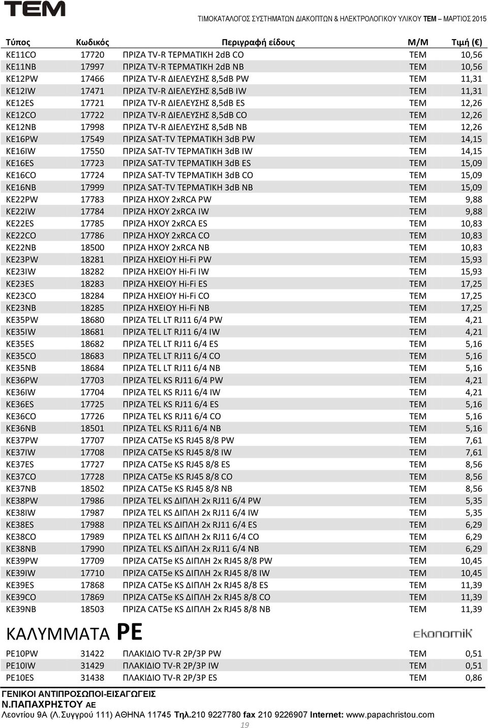 ΤΕΡΜΑΤΙΚΗ 3dB PW ΤΕΜ 14,15 KE16IW 17550 ΠΡΙΖΑ SAT-TV ΤΕΡΜΑΤΙΚΗ 3dB IW ΤΕΜ 14,15 KE16ES 17723 ΠΡΙΖΑ SAT-TV ΤΕΡΜΑΤΙΚΗ 3dB ES ΤΕΜ 15,09 KE16CO 17724 ΠΡΙΖΑ SAT-TV ΤΕΡΜΑΤΙΚΗ 3dB CO ΤΕΜ 15,09 KE16NB 17999