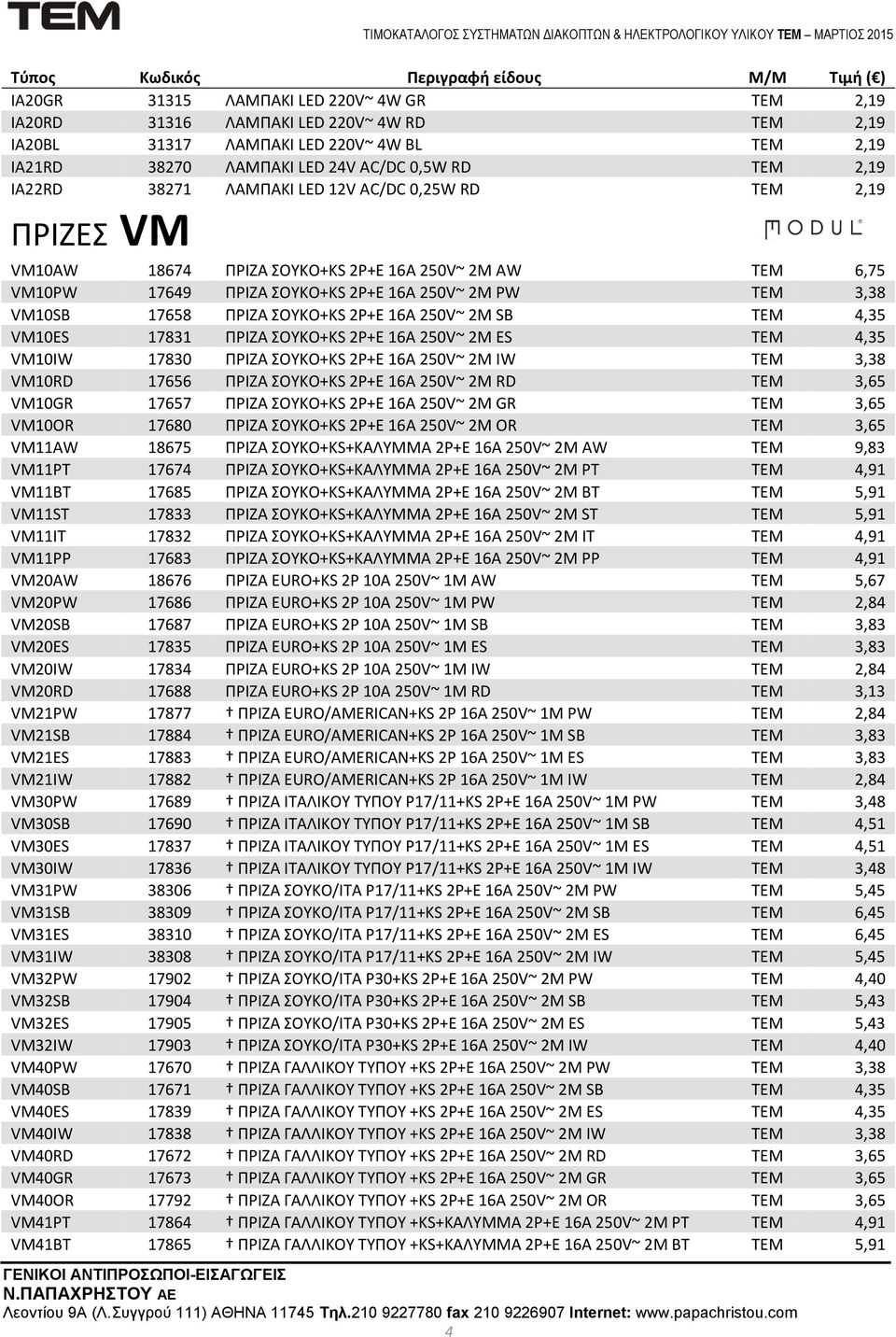 2P+E 16A 250V~ 2M SB ΤΕΜ 4,35 VM10ES 17831 ΠΡΙΖΑ ΣΟΥΚΟ+KS 2P+E 16A 250V~ 2M ES ΤΕΜ 4,35 VM10IW 17830 ΠΡΙΖΑ ΣΟΥΚΟ+KS 2P+E 16A 250V~ 2M IW ΤΕΜ 3,38 VM10RD 17656 ΠΡΙΖΑ ΣΟΥΚΟ+KS 2P+E 16A 250V~ 2M RD ΤΕΜ